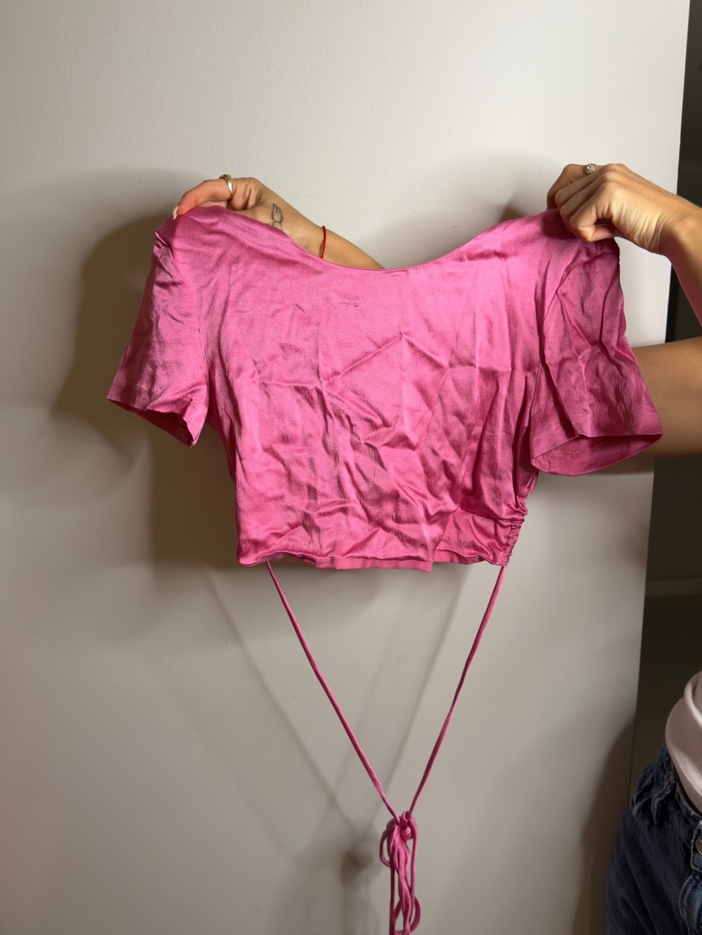 Zara Hot Pink Ruched Tie-Back Crop Top